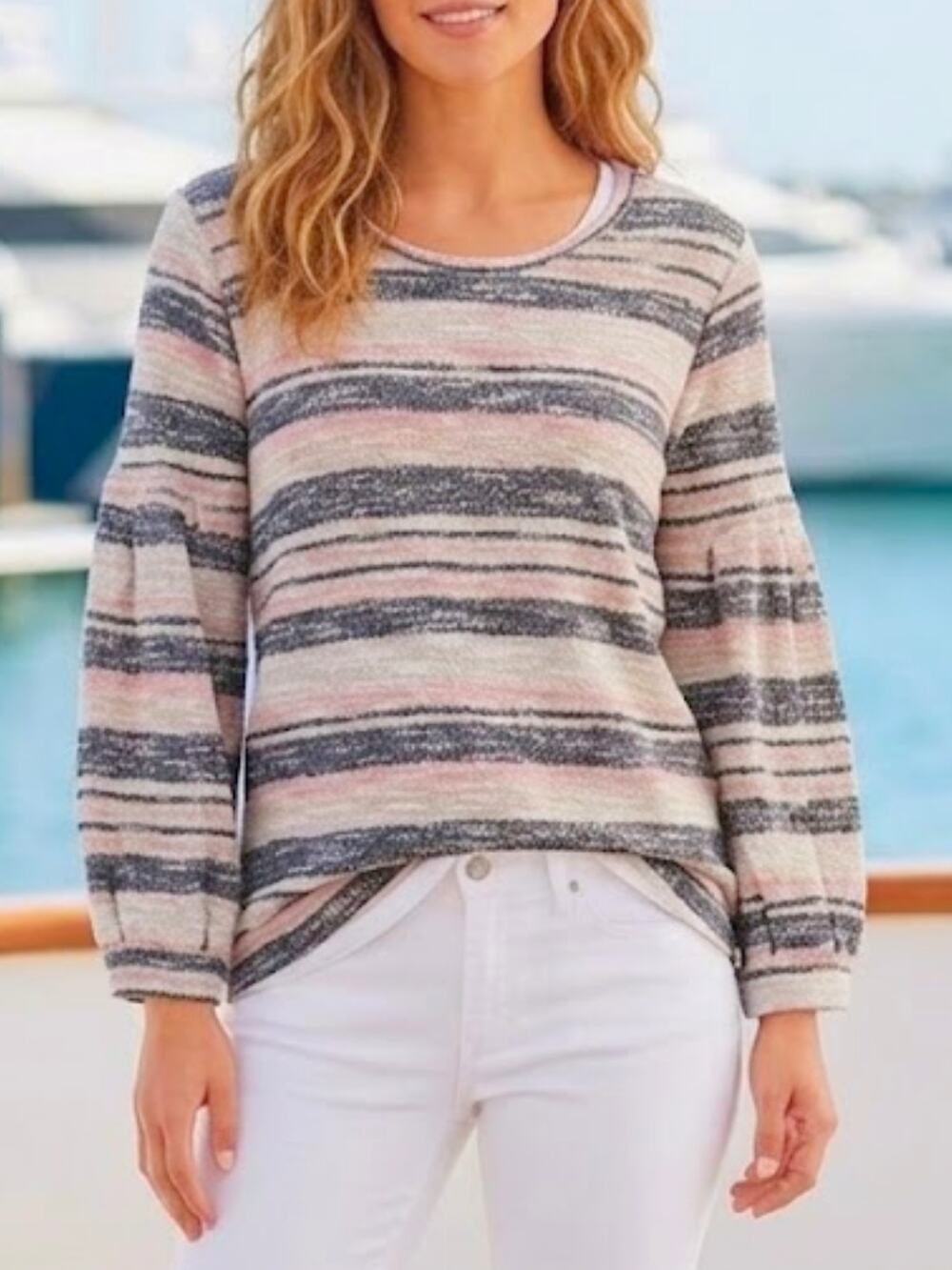 Style & Co Pink Gray Striped Nubby Knit Sweater Size Large